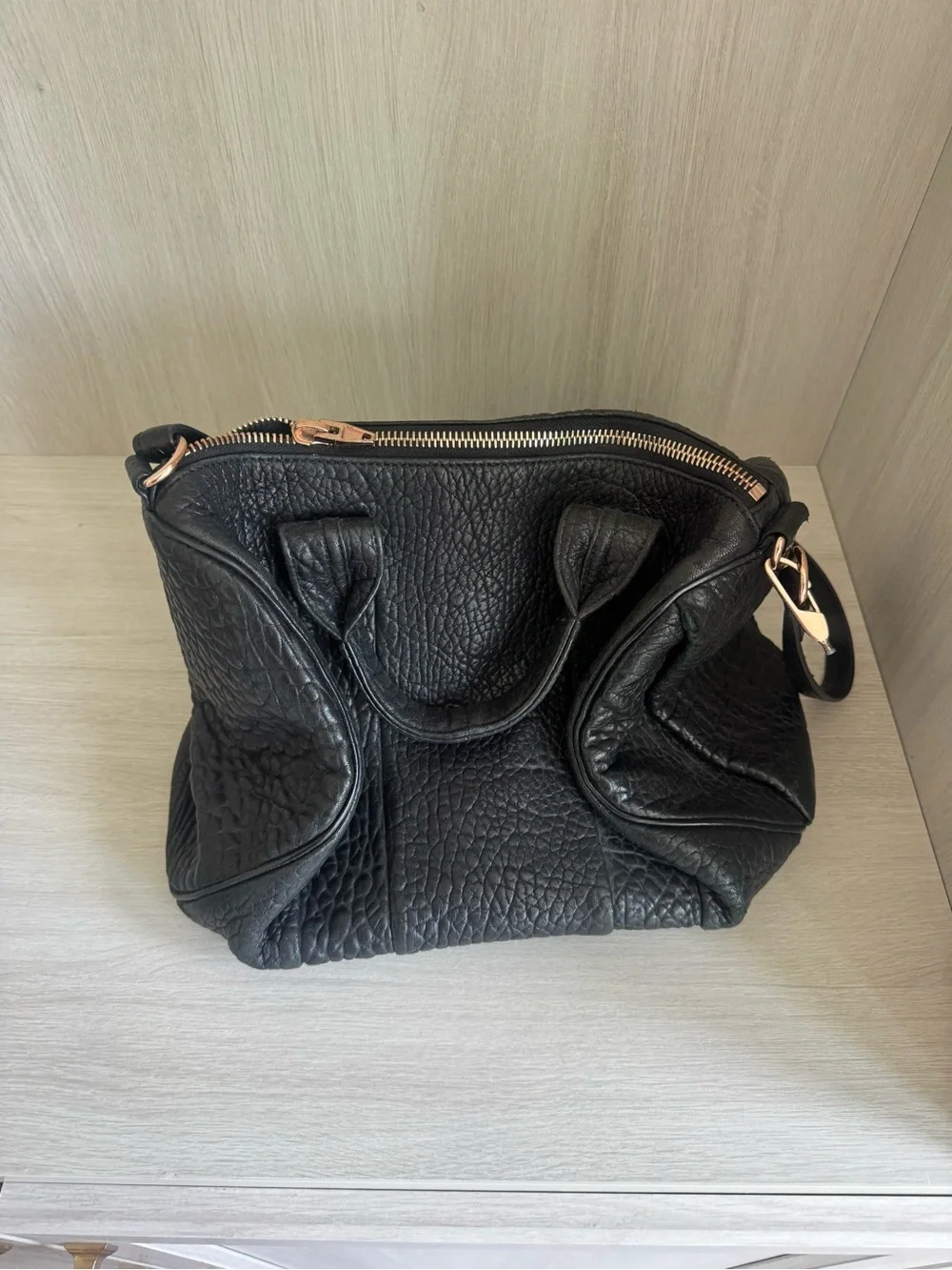Alexander Wang Black Pebbled Leather Satchel with Rose Gold Hardware